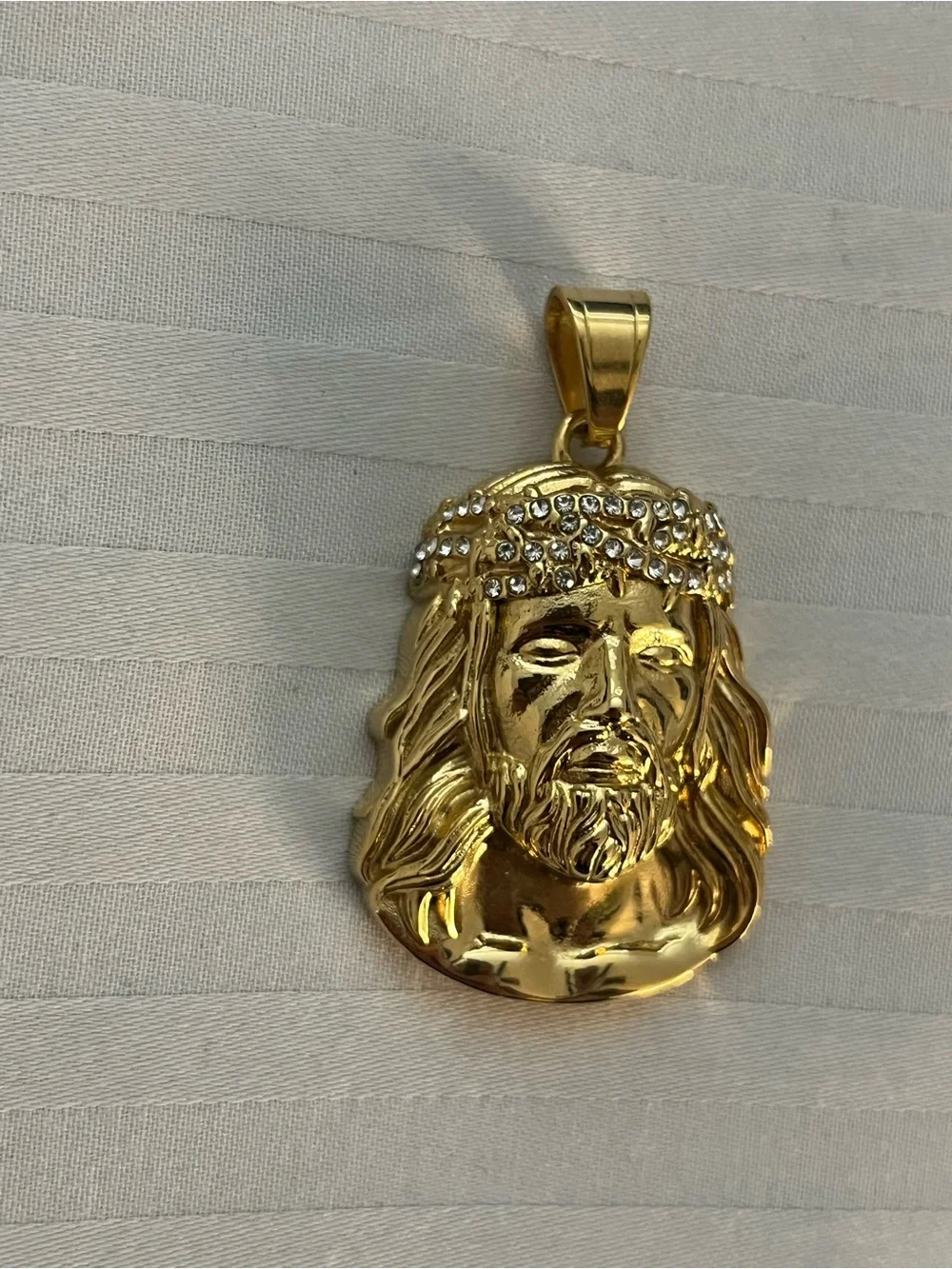 14K Gold Mens Jesus Head Pendant Stainless Steel Iced Out Simulated Diamonds Lux